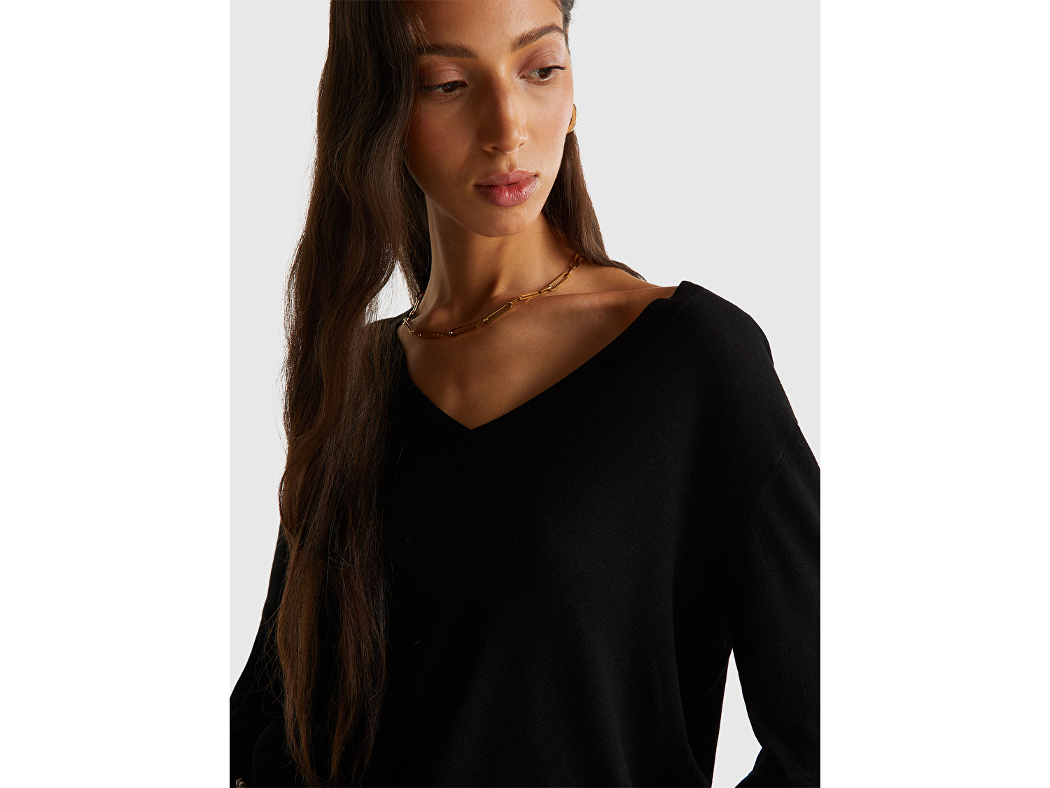 Benetton Kadın Siyah Viskoz ve İpek Karışımlı V Yaka Triko Kazak