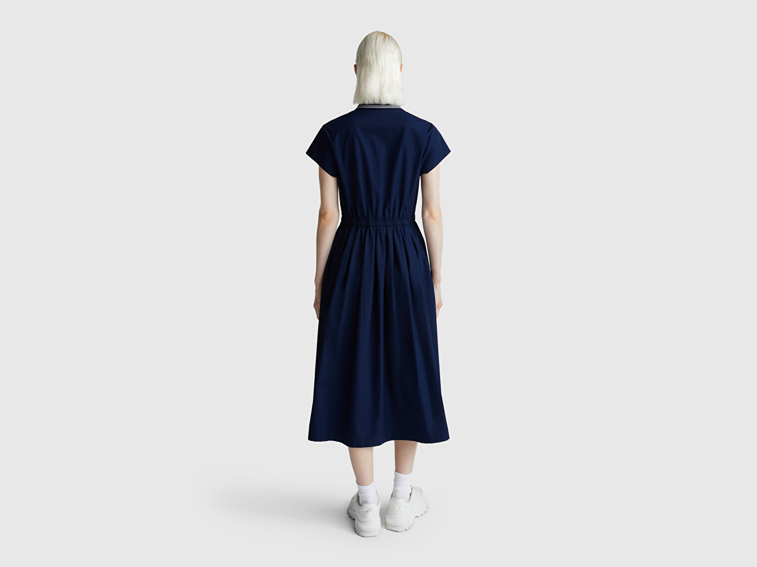 Benetton Kadın Lacivert %100 Pamuk Düğmeli Beli Bağcıklı Gömlek Yaka Elbise