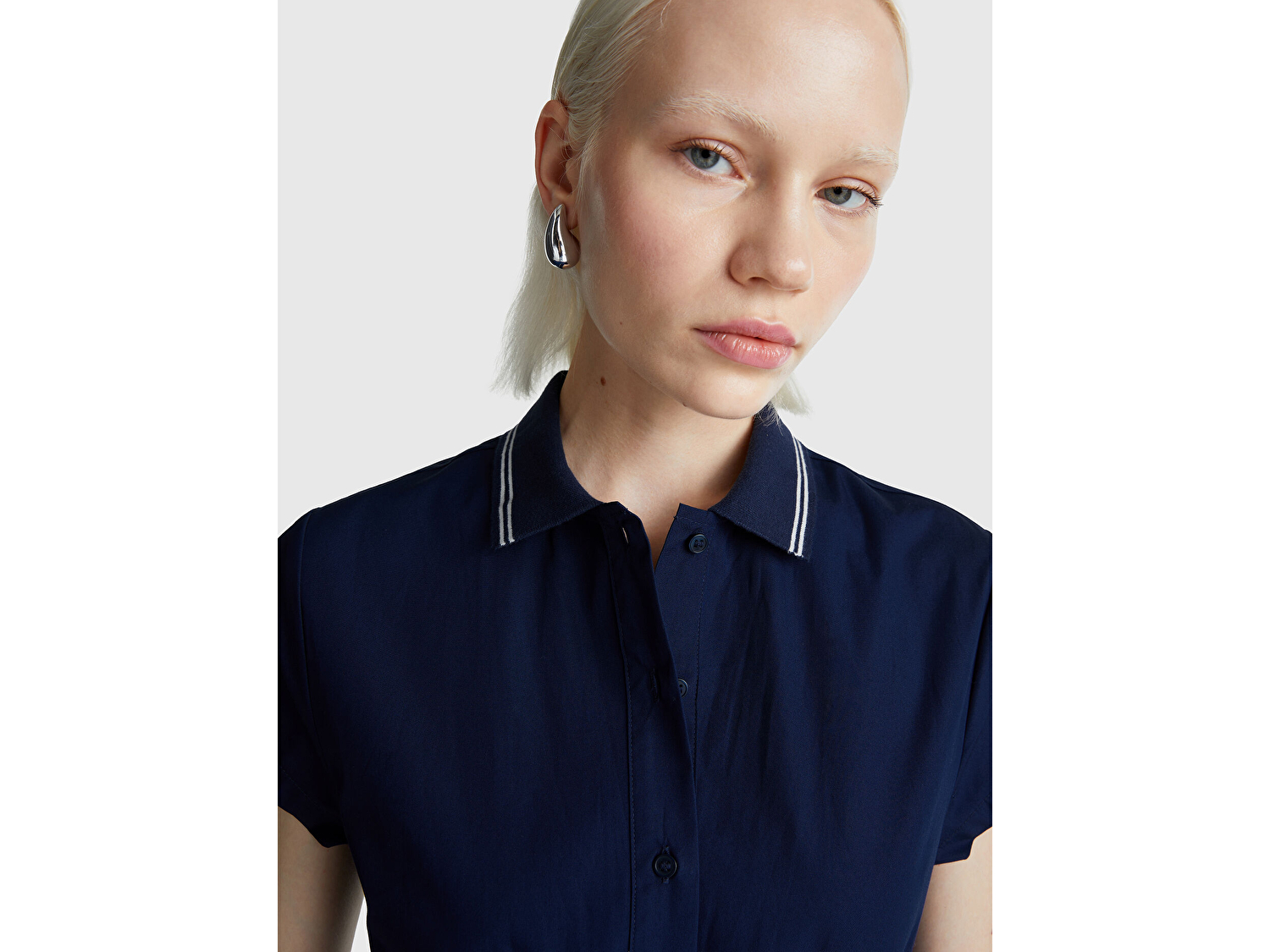 Benetton Kadın Lacivert %100 Pamuk Düğmeli Beli Bağcıklı Gömlek Yaka Elbise