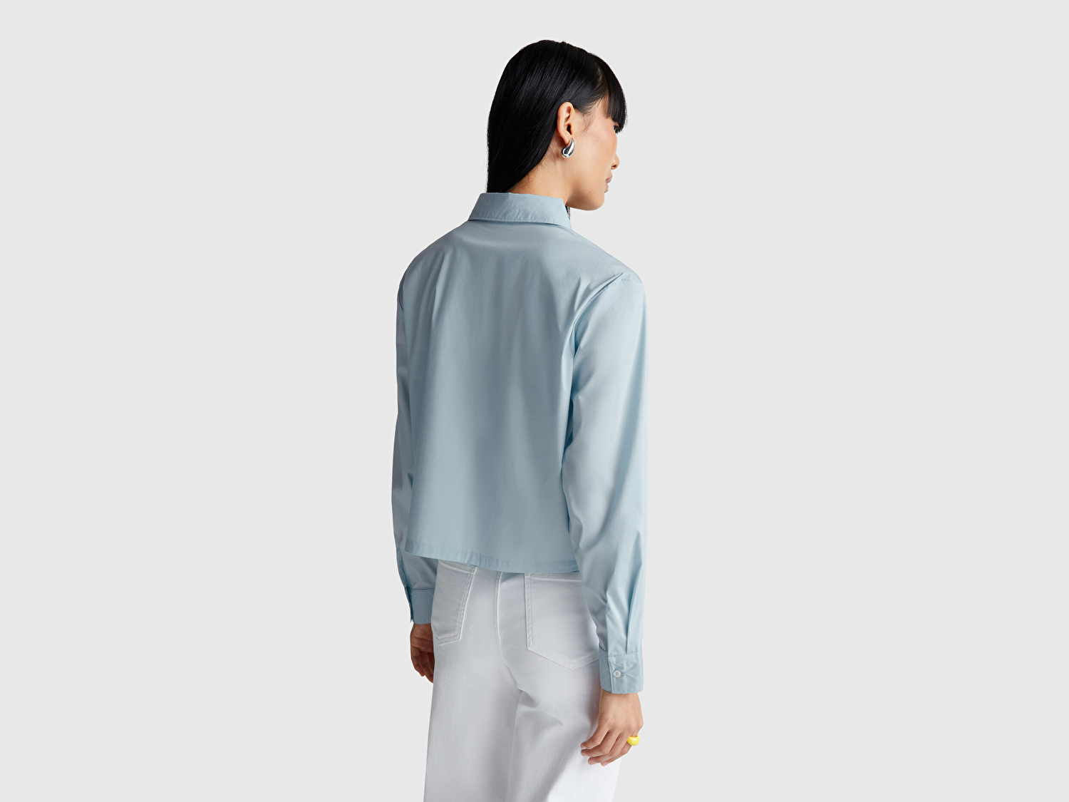 Benetton Kadın Açık Mavi Pamuk Karışımlı Streç Poplin Gömlek