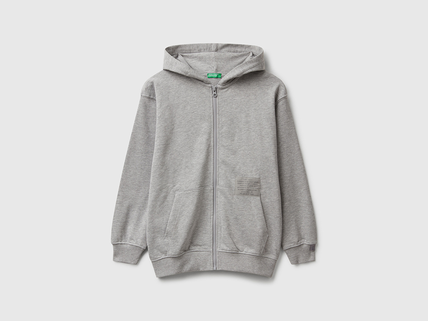 Benetton Erkek Çocuk Gri Melanj Logolu Etiket Detaylı Fermuarlı Kapüşonlu Sweatshirt