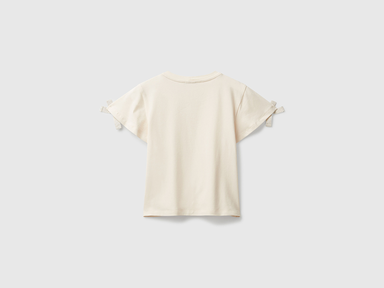 Benetton Kız Çocuk Ekru Logo İşlemeli Omuzları Simli Kurdeleli T-shirt