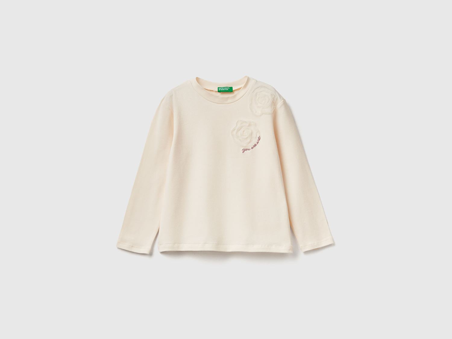 Benetton Kız Bebek Ekru Önü Tül Aplikeli Uzun Kollu T-shirt