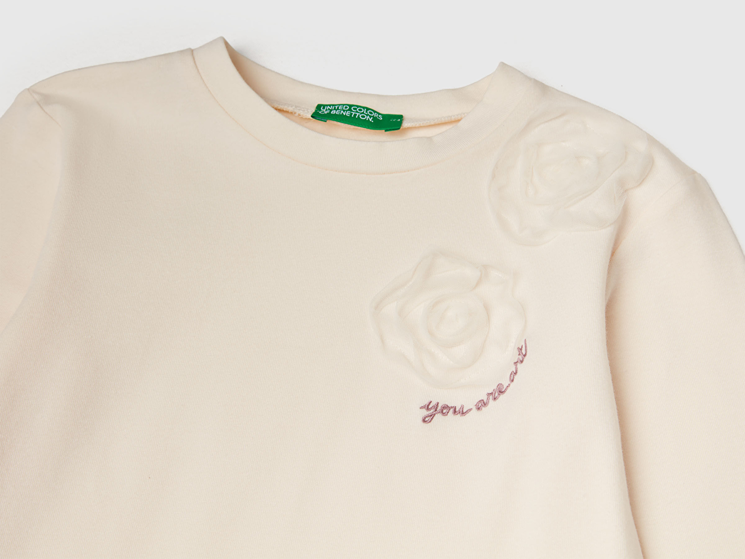 Benetton Kız Bebek Ekru Önü Tül Aplikeli Uzun Kollu T-shirt