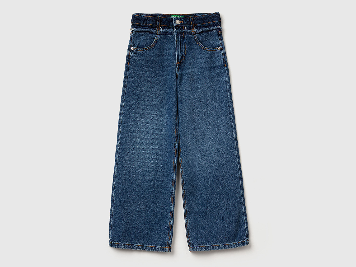 Benetton Kız Çocuk Koyu Mavi Taş Yıkama Logo İşleme Detaylı Straight Fit Denim Pantolon