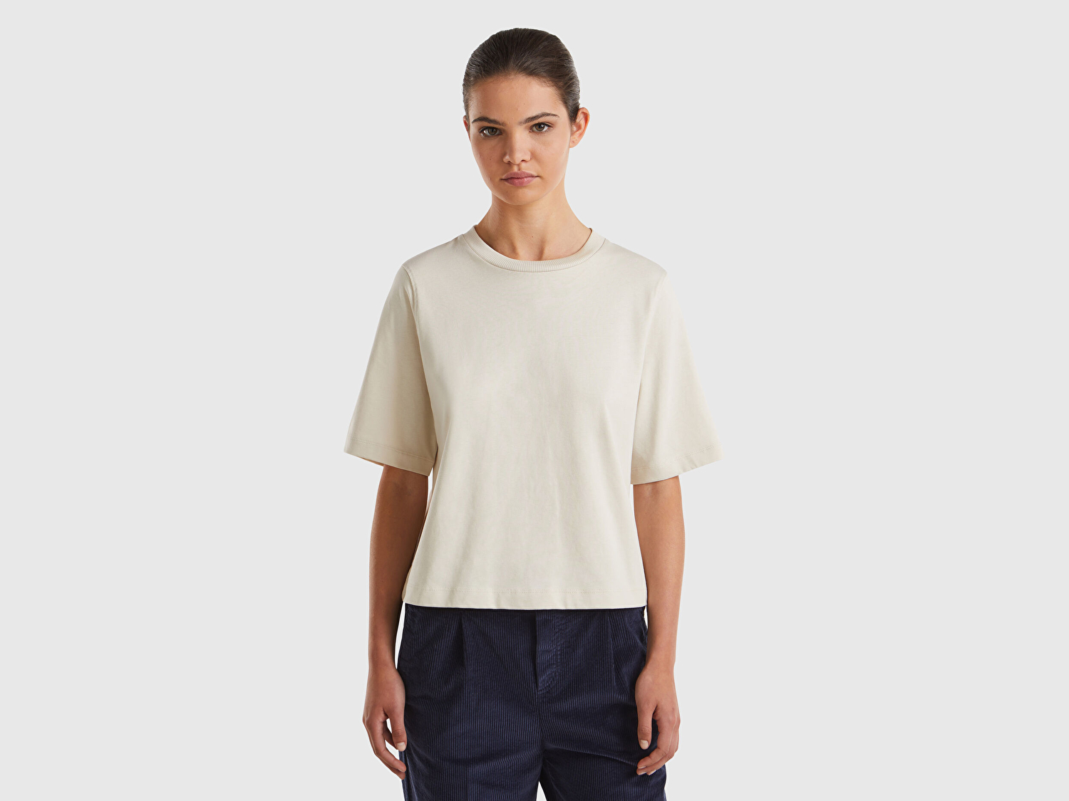 Benetton Kadın Taş %100 Koton Boxy Fit T-Shirt