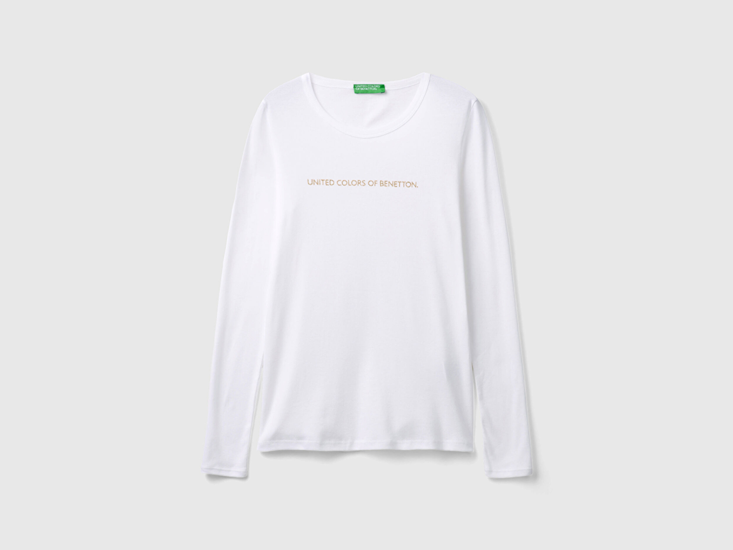 Benetton Kadın Beyaz %100 Koton Bisiklet Yaka Benetton Yazılı Uzun Kollu T-Shirt