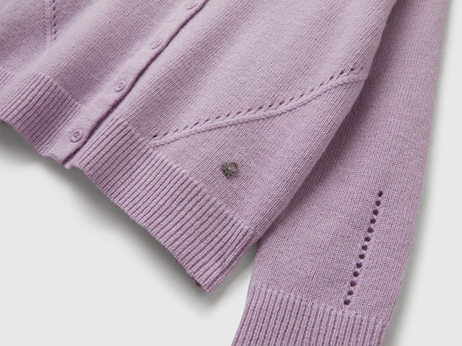 Benetton Kız Çocuk Lila Yün Karışımlı Logo Detaylı Nervürlü Hırka