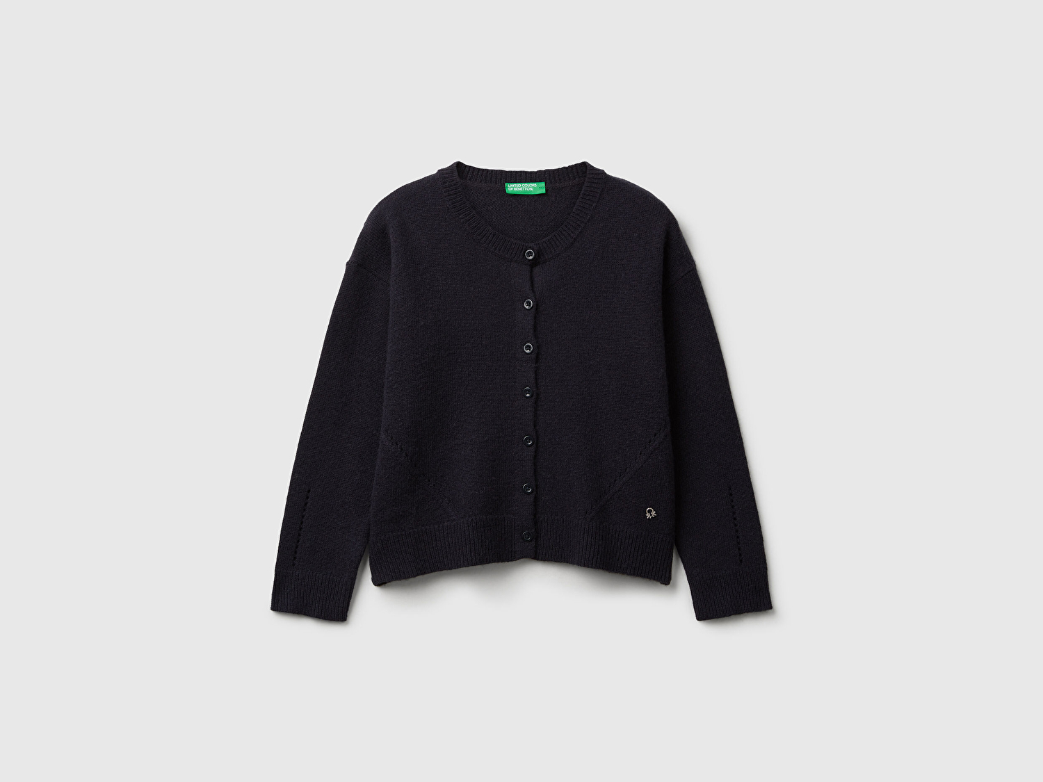 Benetton Kız Çocuk Lacivert Yün Karışımlı Logo Detaylı Nervürlü Hırka