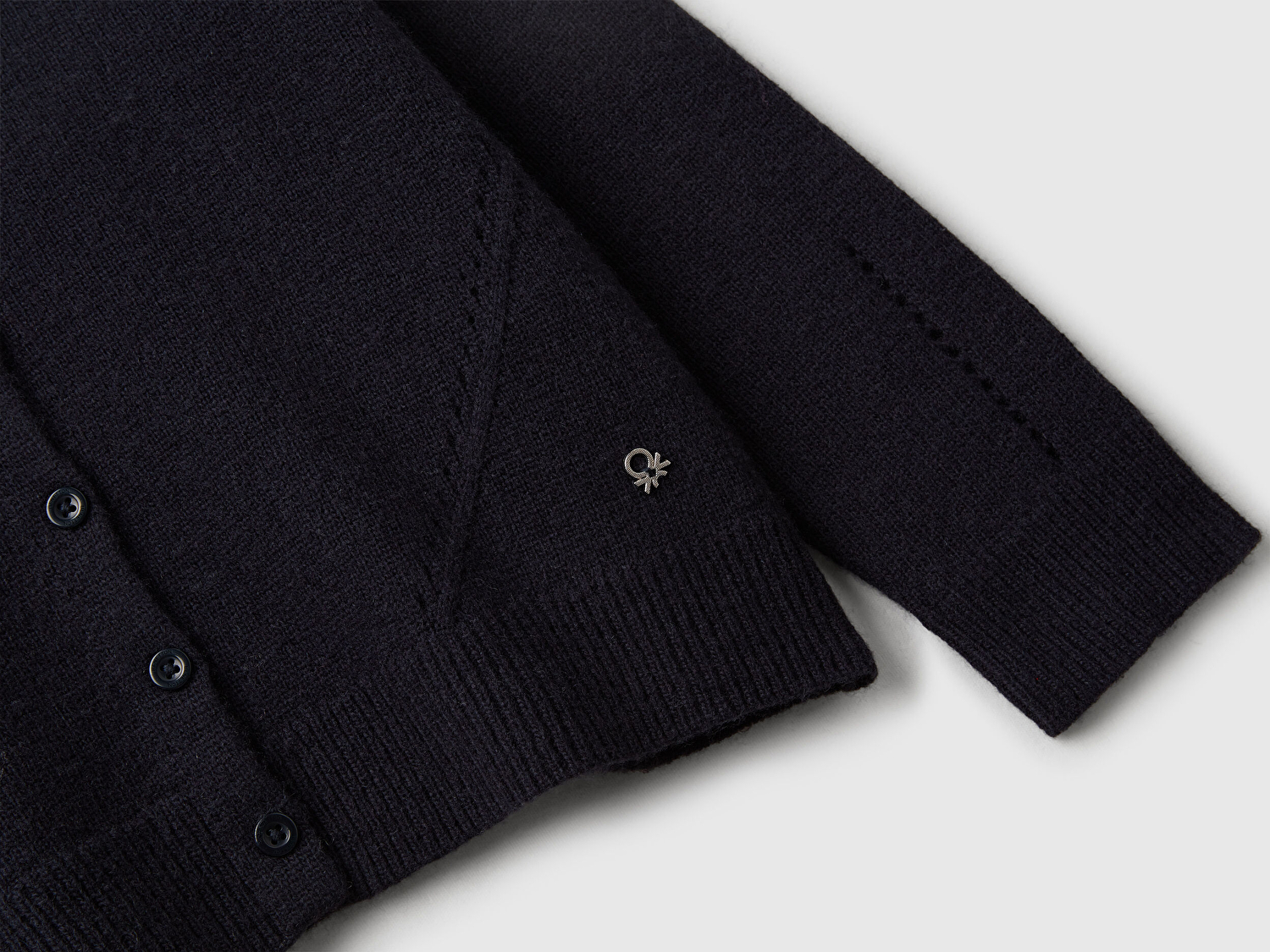 Benetton Kız Çocuk Lacivert Yün Karışımlı Logo Detaylı Nervürlü Hırka