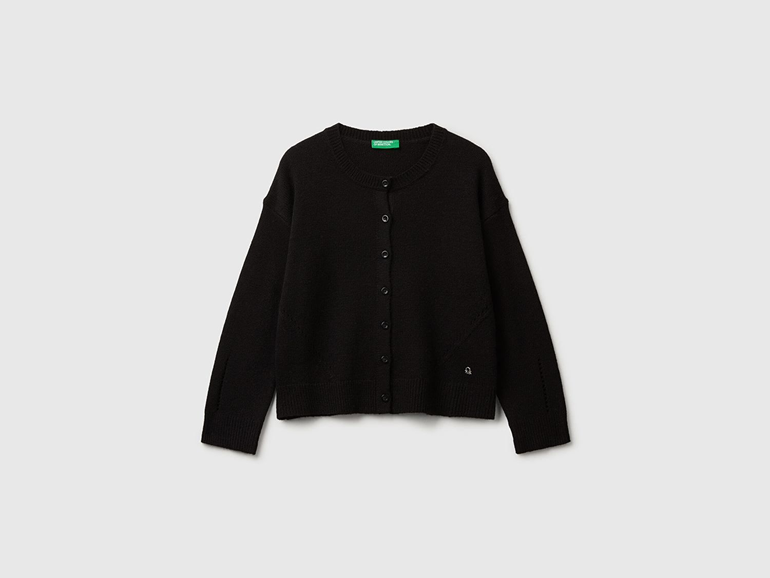 Benetton Kız Çocuk Siyah Yün Karışımlı Logo Detaylı Nervürlü Hırka