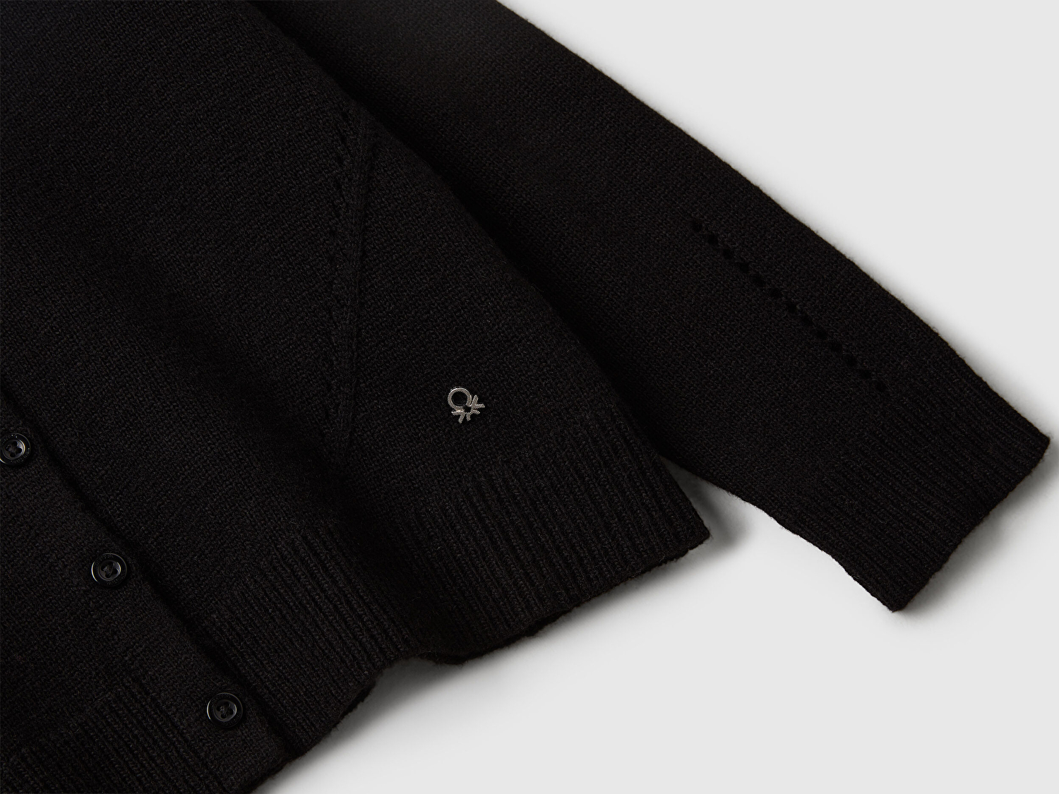 Benetton Kız Çocuk Siyah Yün Karışımlı Logo Detaylı Nervürlü Hırka