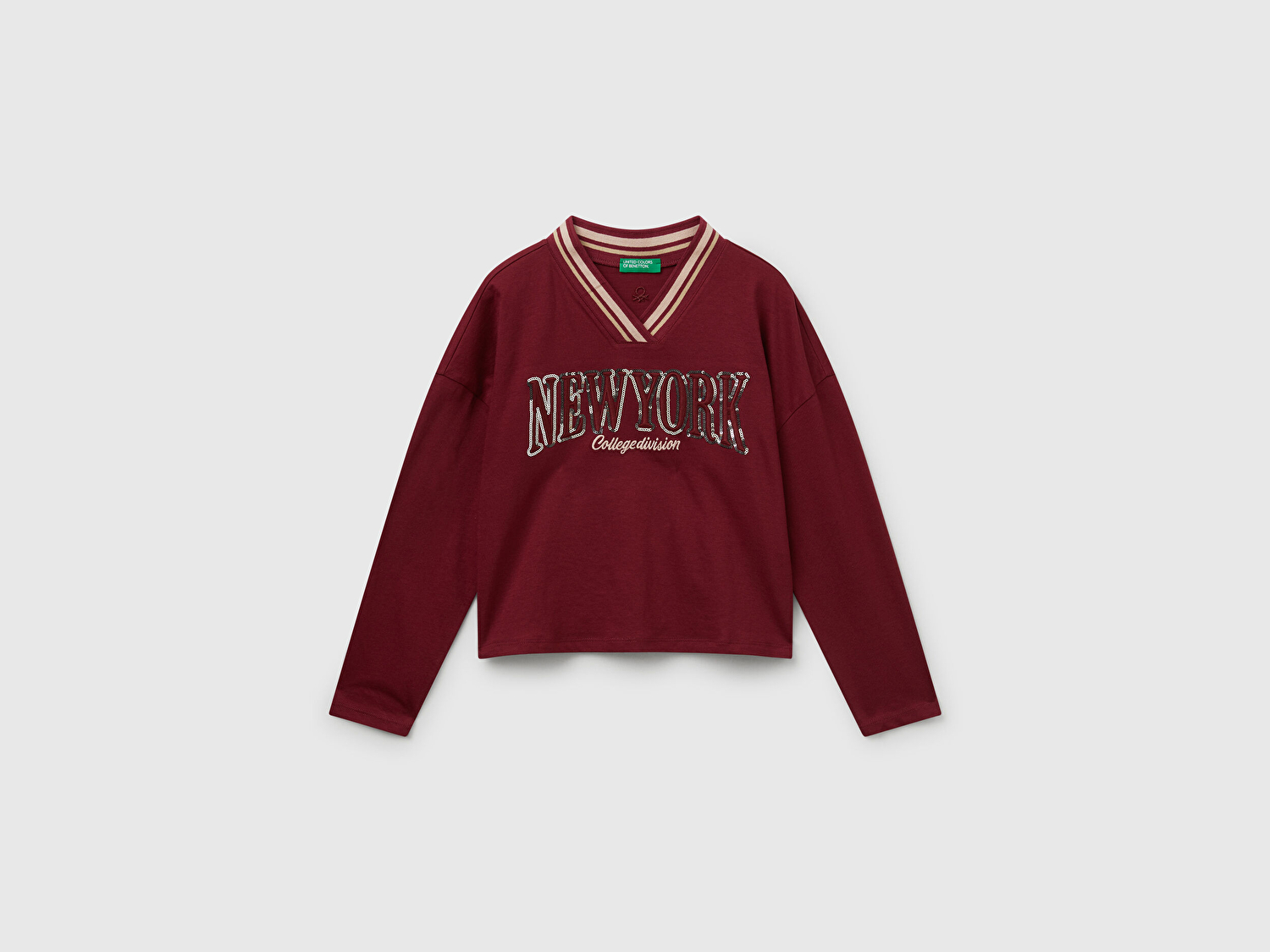 Benetton Kız Çocuk Bordo Payet İşlemeli Şeritli V Yaka Boxy Fit Uzun Kollu T-shirt