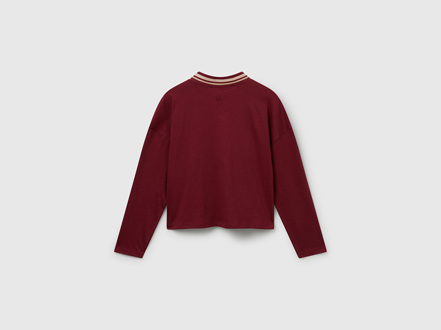 Benetton Kız Çocuk Bordo Payet İşlemeli Şeritli V Yaka Boxy Fit Uzun Kollu T-shirt