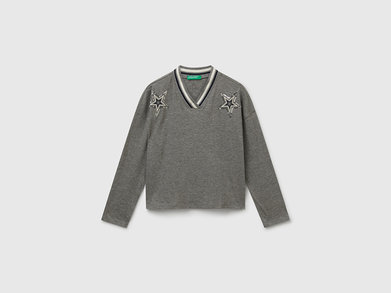 Benetton Kız Çocuk Antrasit Melanj Payet İşlemeli Şeritli V Yaka Boxy Fit Uzun Kollu T-shirt