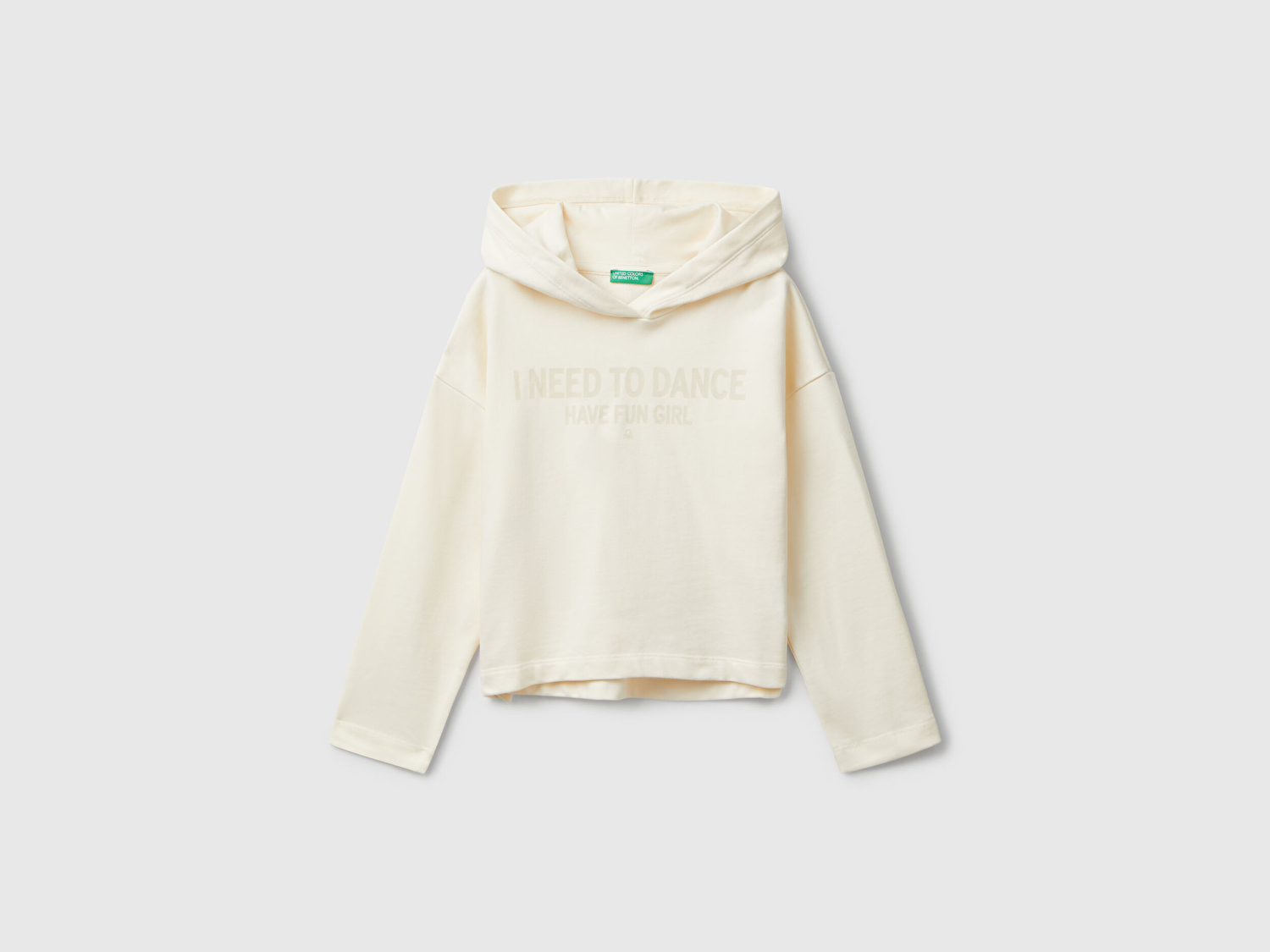 Benetton Kız Çocuk Ekru Önü Yazı Baskılı Arkası Uzun Kapüşonlu Sweatshirt