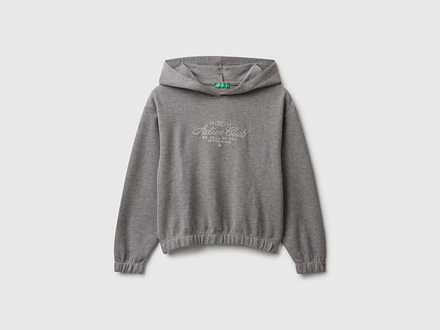 Benetton Kız Çocuk Antrasit Melanj Simli Nakışlı Ribanalı Kapüşonlu Relaxed Fit Sweatshirt