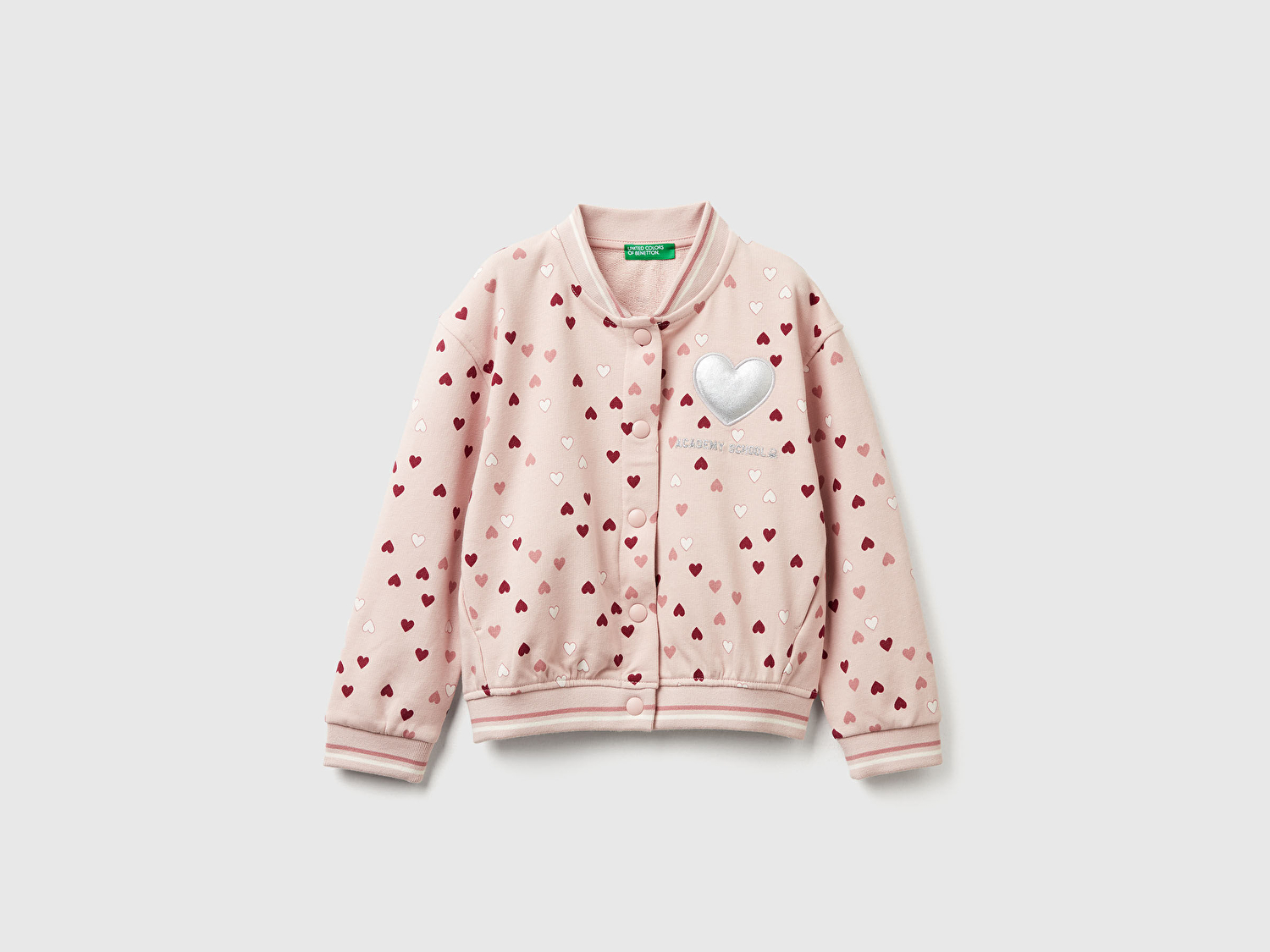 Benetton Kız Bebek Toz Pembe Desenli Önü Aplikeli Çizgi Detaylı  Bomber Ceket
