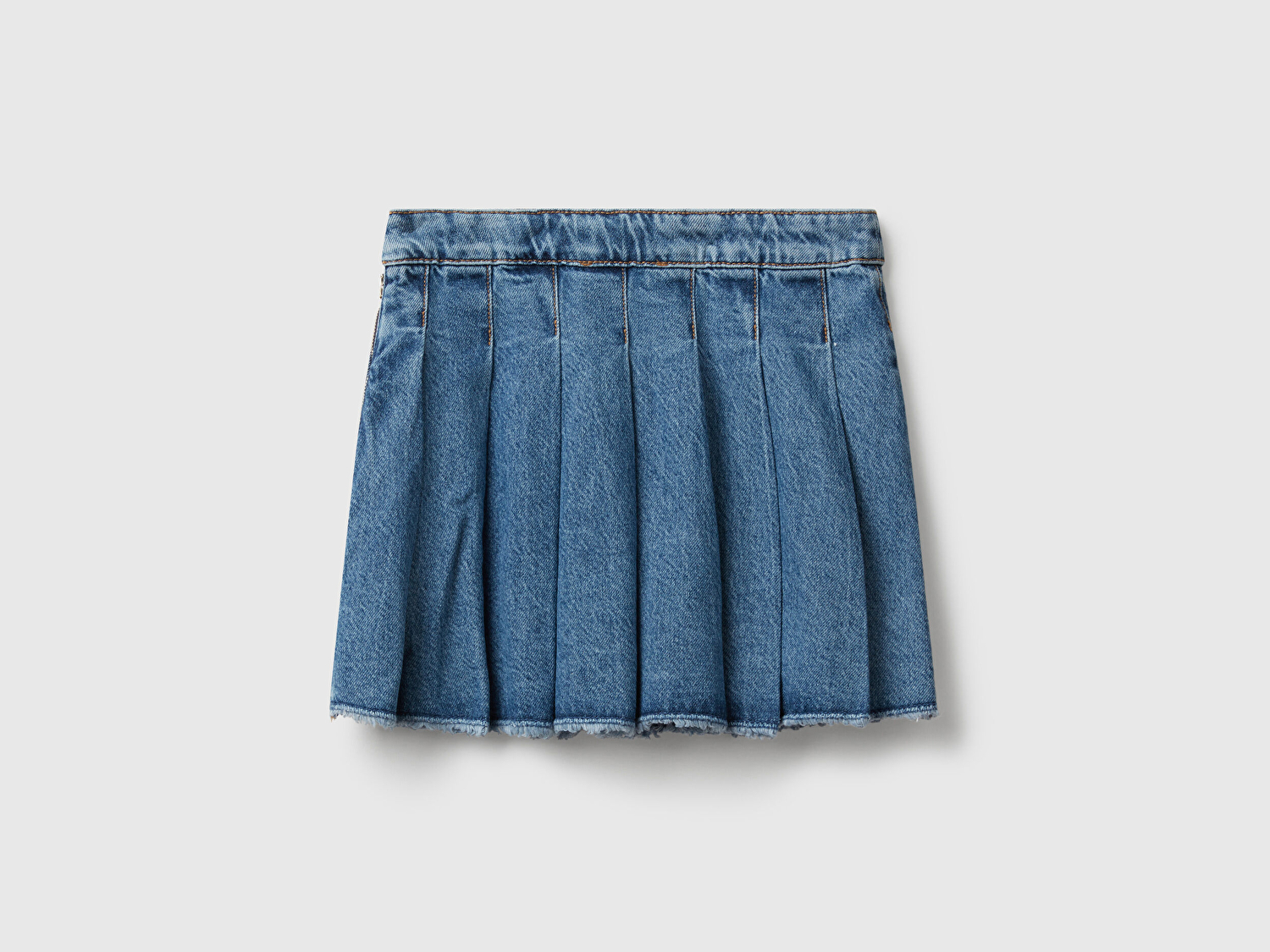 Benetton Kız Çocuk Koyu Mavi Taş Yıkama Pileli Yanı Fermuarlı Diz Üstü Denim Etek