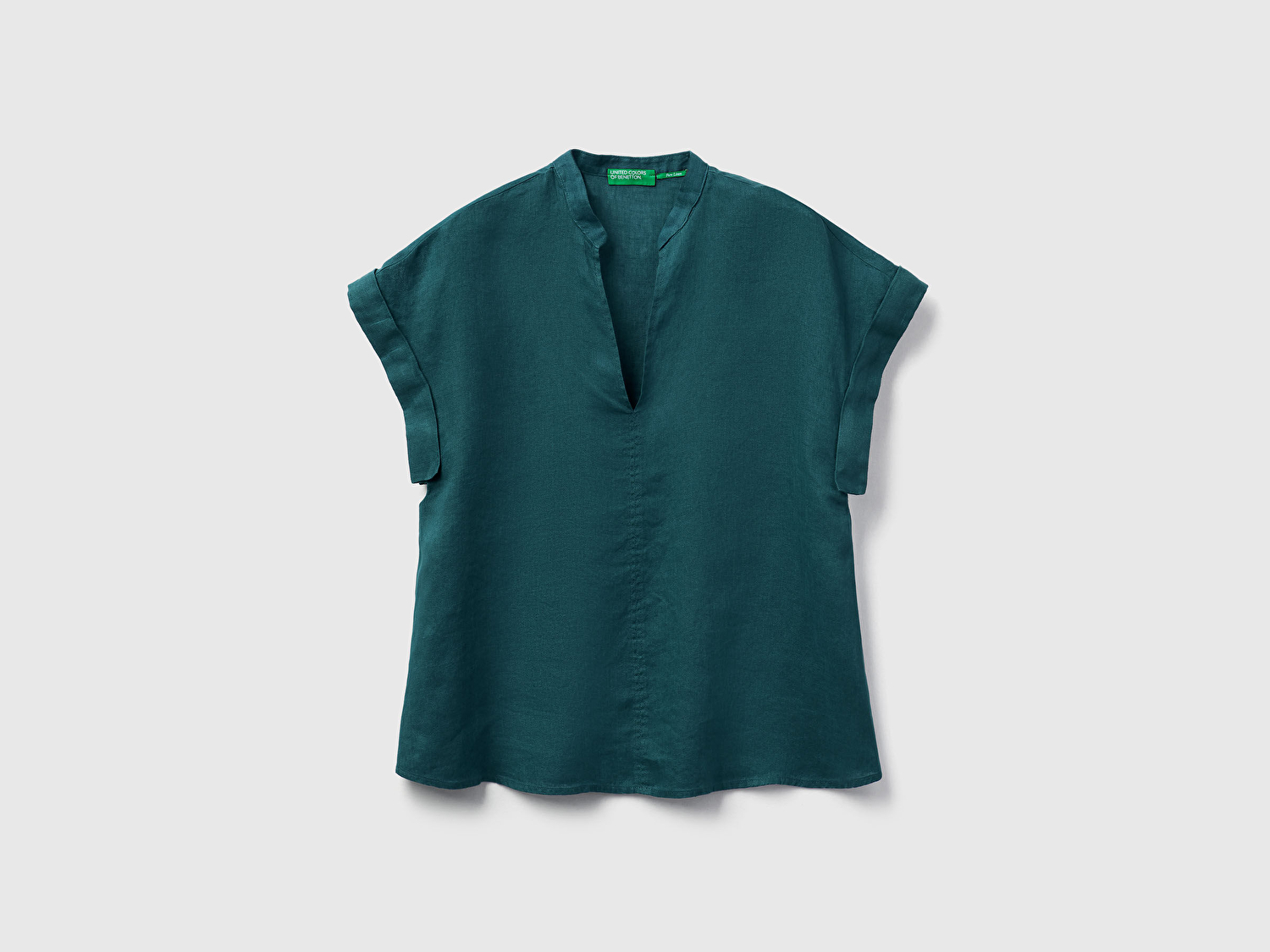 Benetton Kadın Koyu Yeşil %100 Keten V Yaka Kimono Kol Bluz