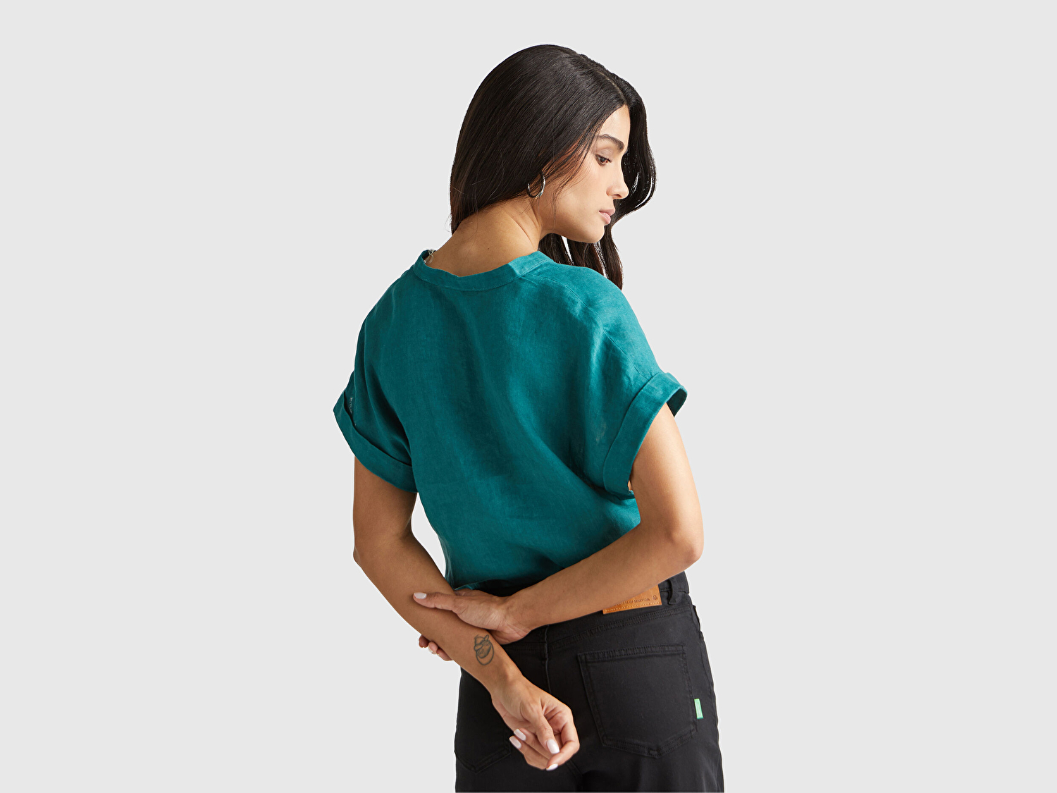 Benetton Kadın Koyu Yeşil %100 Keten V Yaka Kimono Kol Bluz