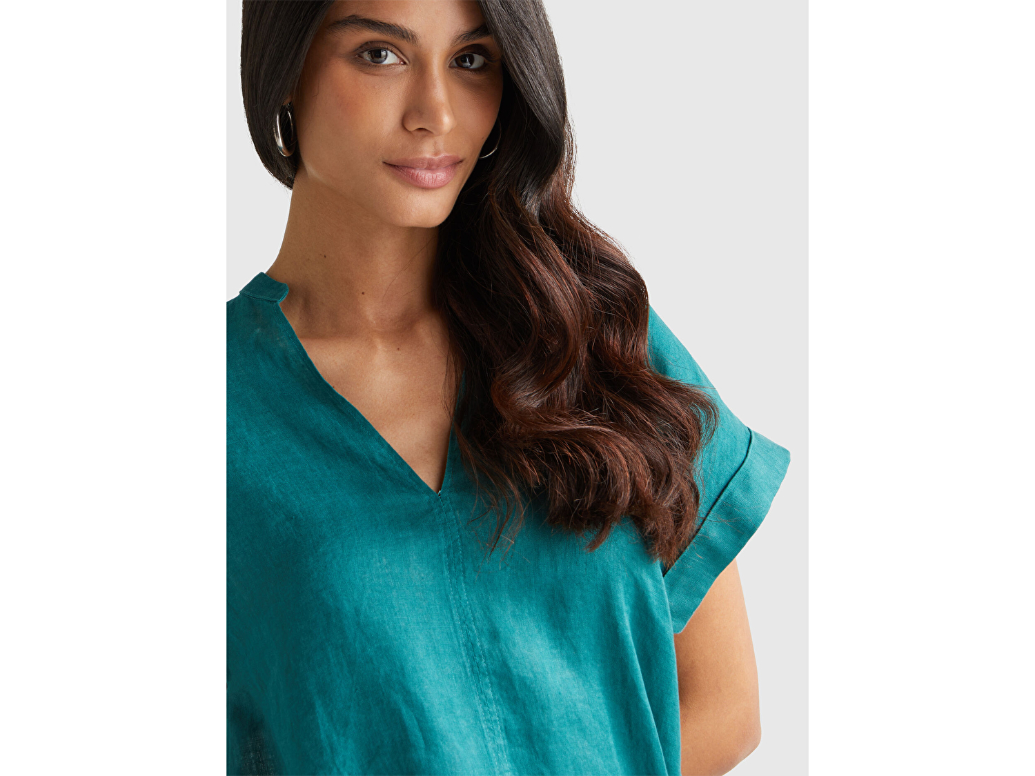 Benetton Kadın Koyu Yeşil %100 Keten V Yaka Kimono Kol Bluz