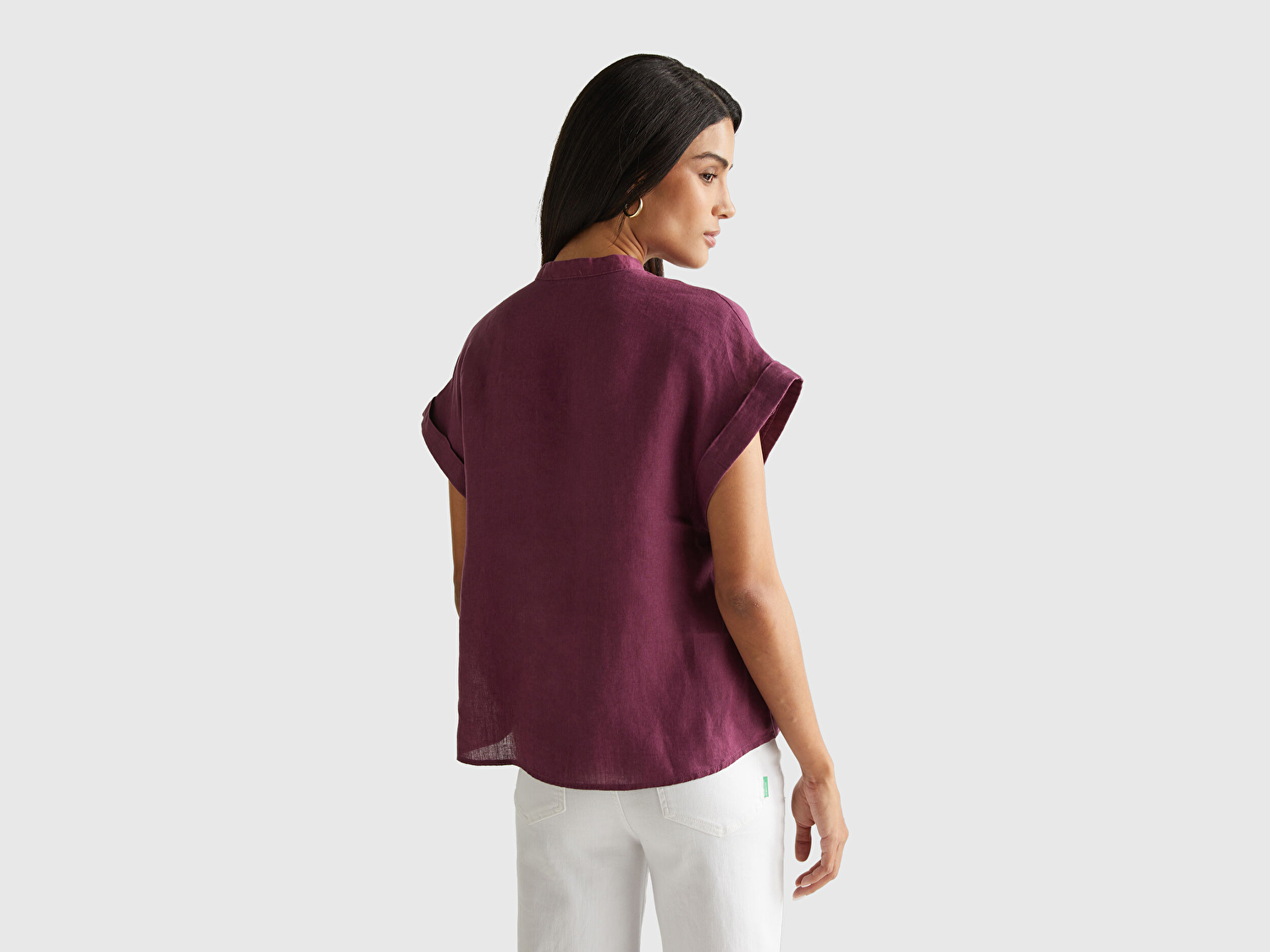 Benetton Kadın Mürdüm %100 Keten V Yaka Kimono Kol Bluz