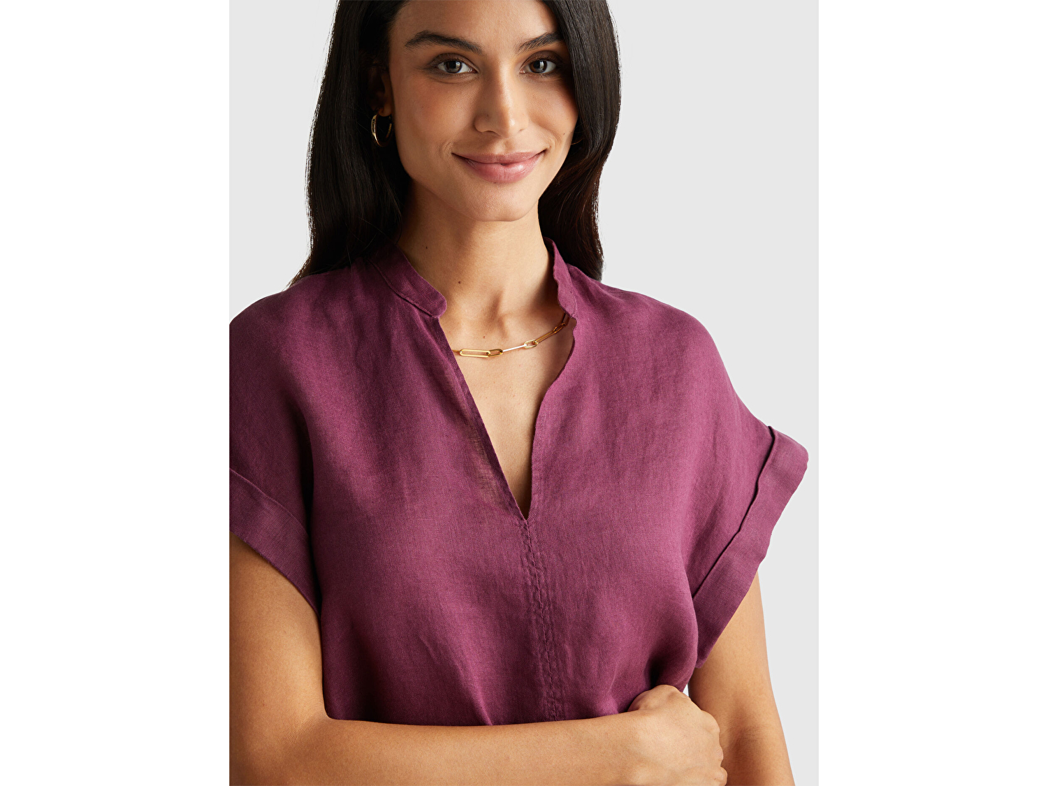 Benetton Kadın Mürdüm %100 Keten V Yaka Kimono Kol Bluz