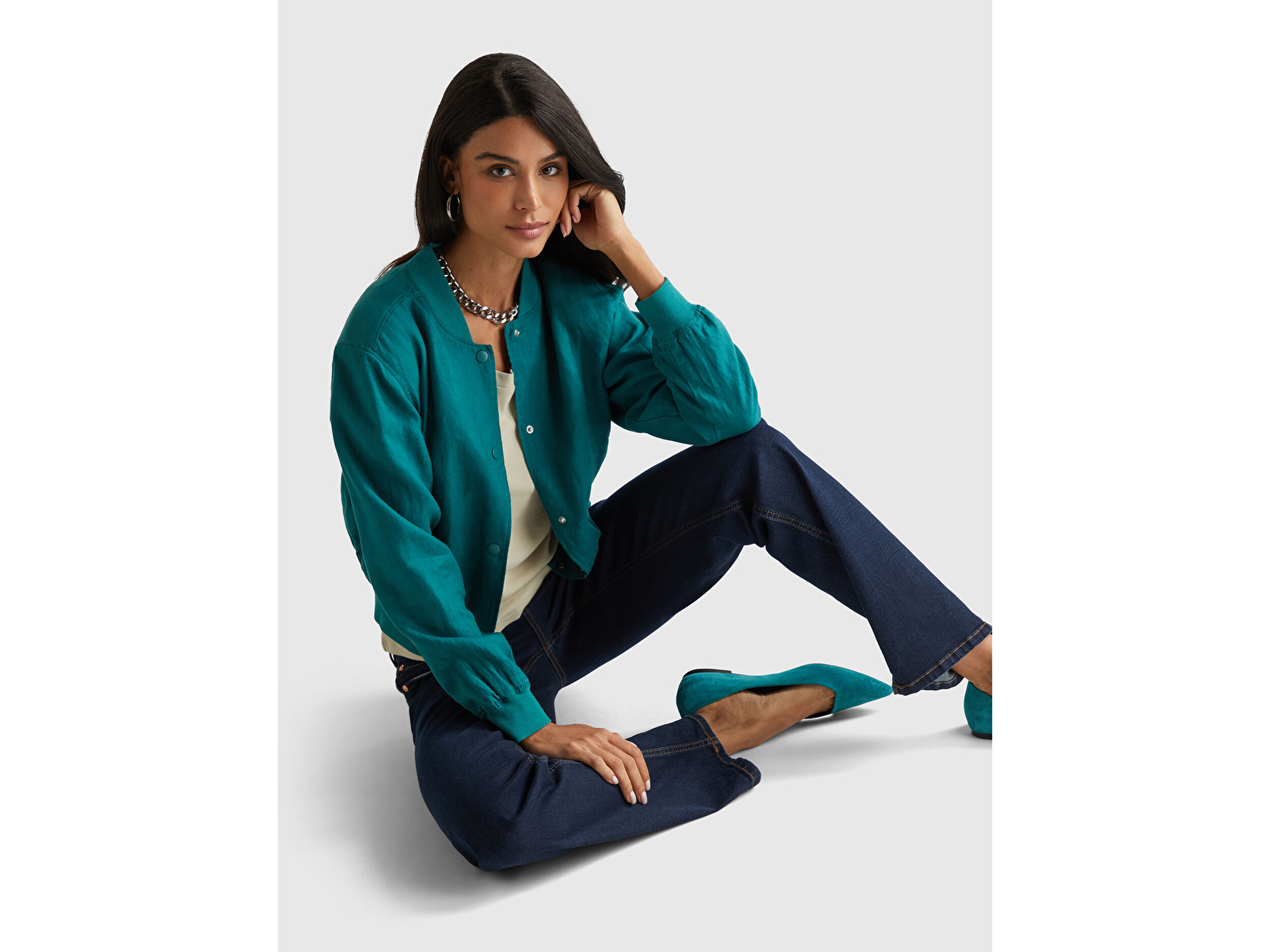 Benetton Kadın Koyu Yeşil %100 Keten Bomber Ceket