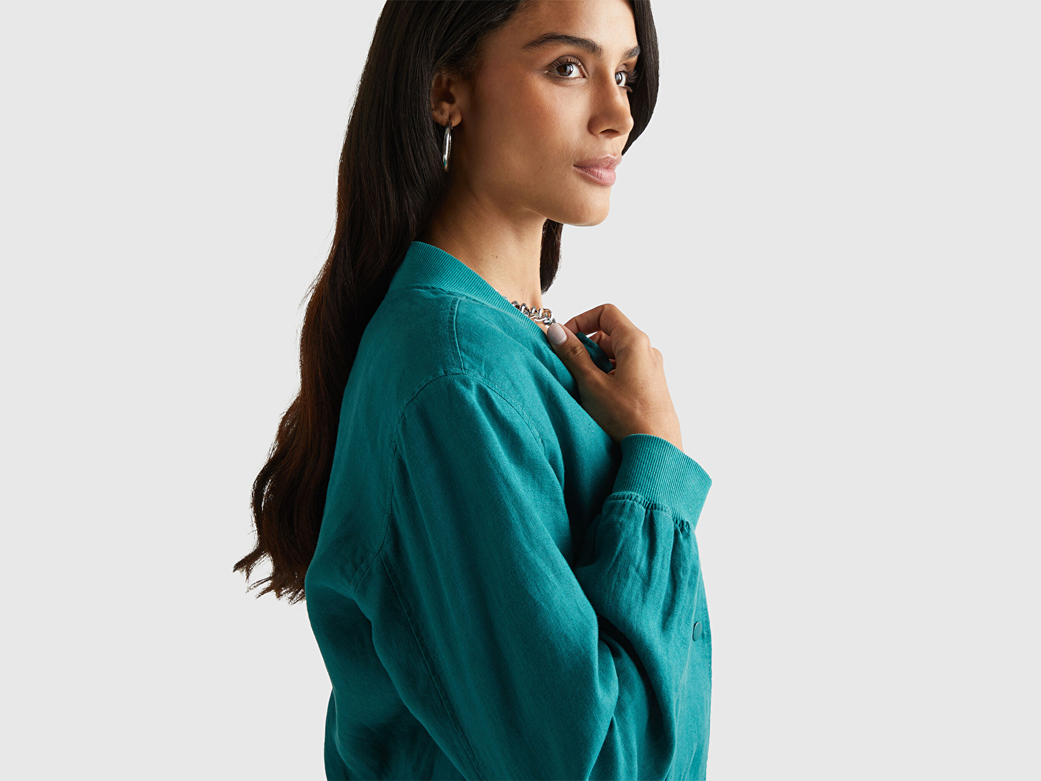 Benetton Kadın Koyu Yeşil %100 Keten Bomber Ceket