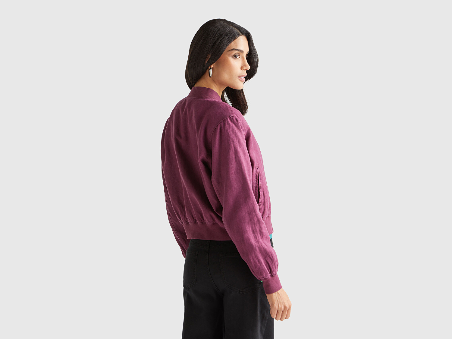 Benetton Kadın Mürdüm %100 Keten Bomber Ceket