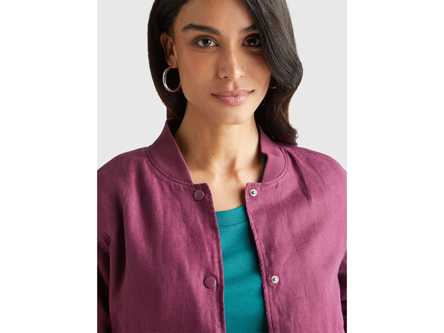 Benetton Kadın Mürdüm %100 Keten Bomber Ceket