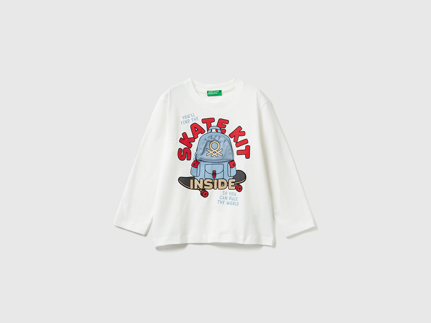 Benetton Erkek Bebek Ekru Önü Baskılı Fermuarlı Aplikeli Jarse Uzun Kollu T-shirt