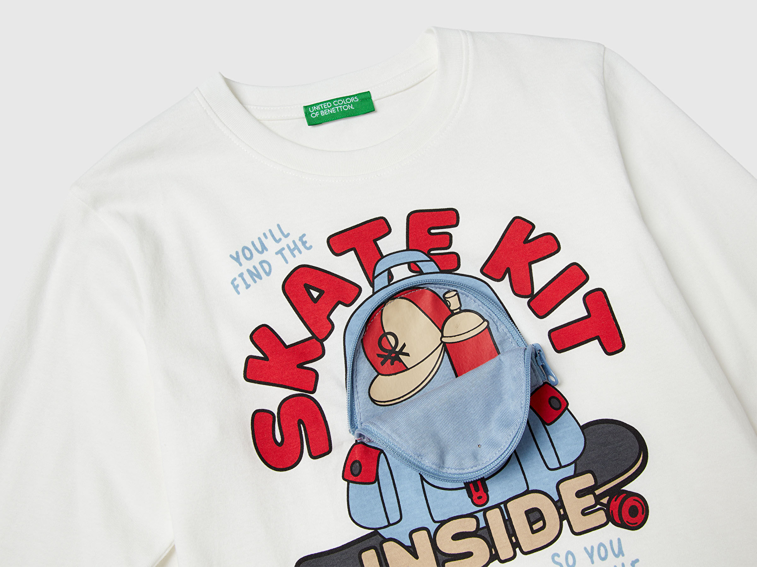 Benetton Erkek Bebek Ekru Önü Baskılı Fermuarlı Aplikeli Jarse Uzun Kollu T-shirt