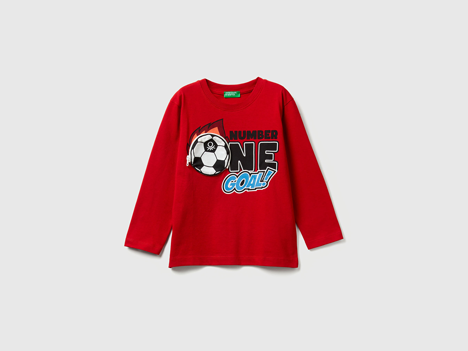 Benetton Erkek Bebek Kırmızı Önü Baskılı Fermuarlı Aplikeli Jarse Uzun Kollu T-shirt