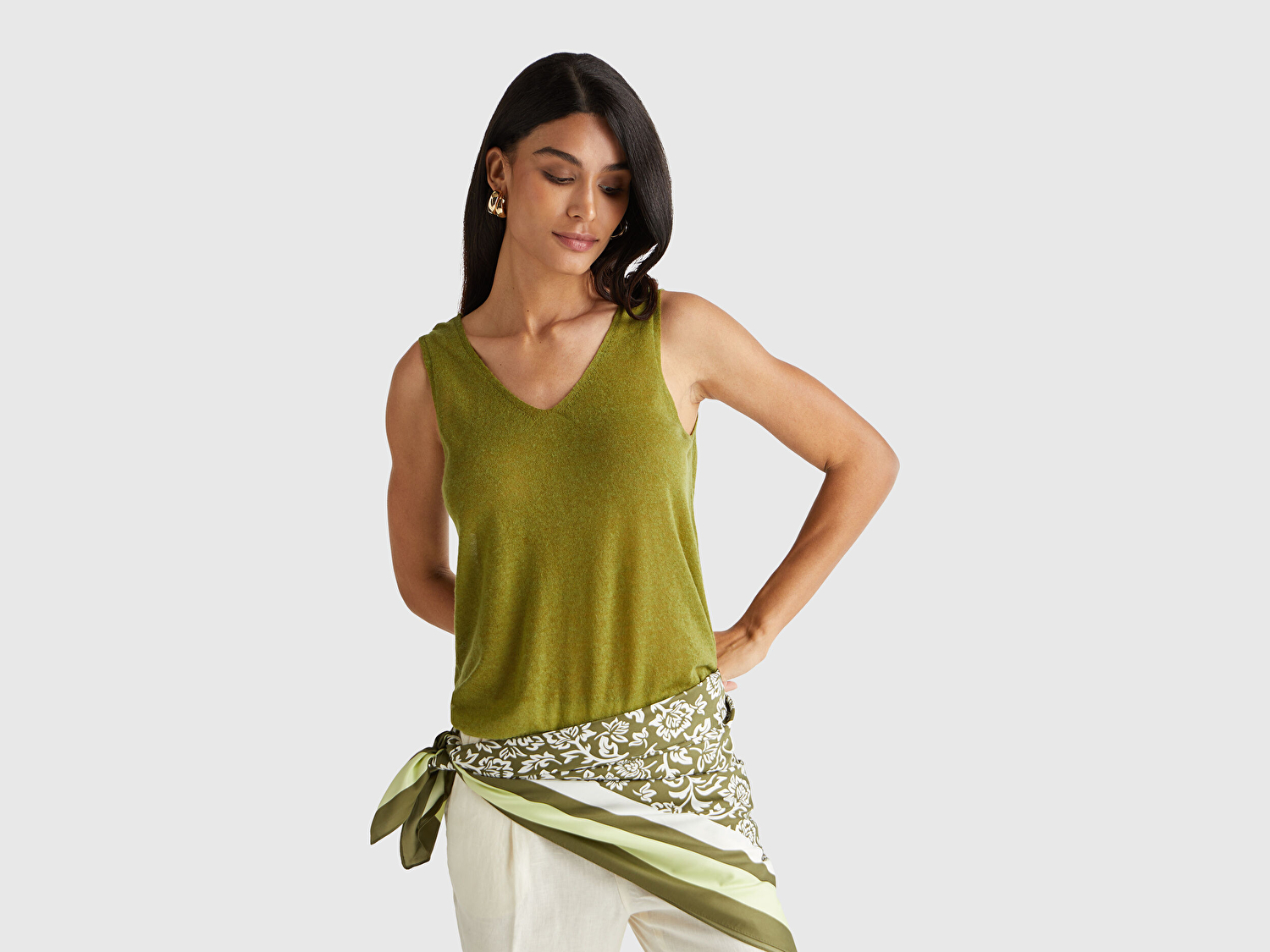 Benetton Kadın Haki Yeşili Alpaka ve Yün Karışımlı Triko Atlet