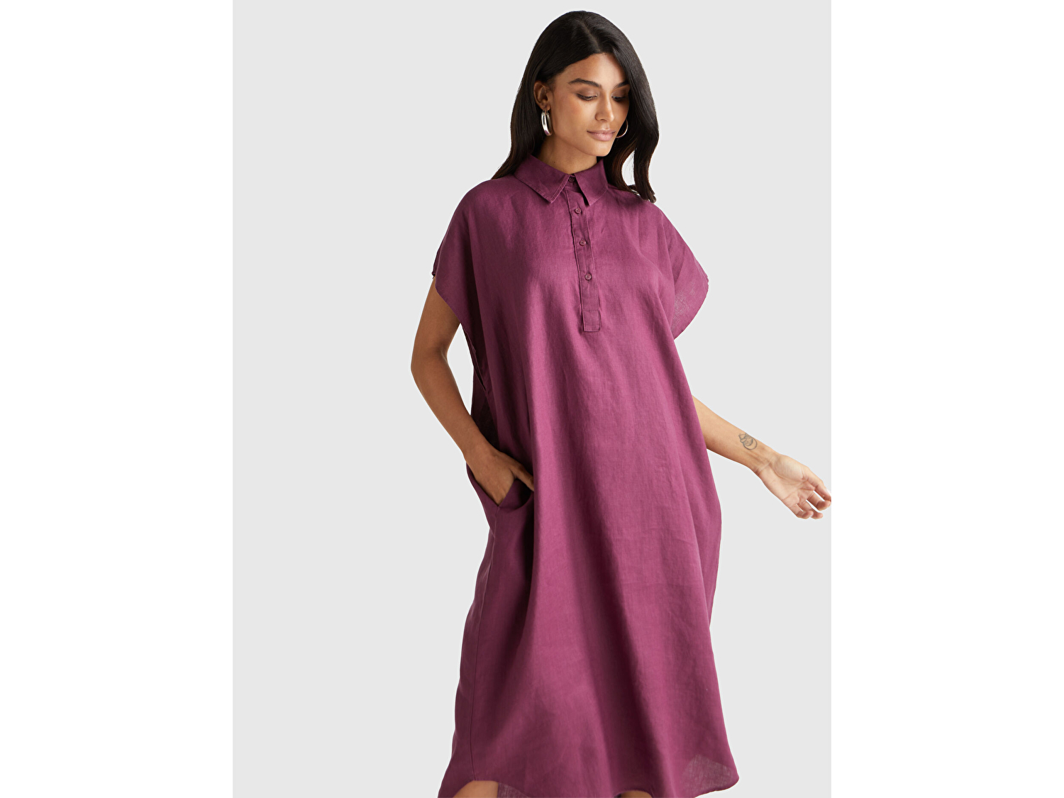Benetton Kadın Mürdüm %100 Keten Önü Düğmeli Gömlek Yaka Kısa Kollu  Maxi Elbise