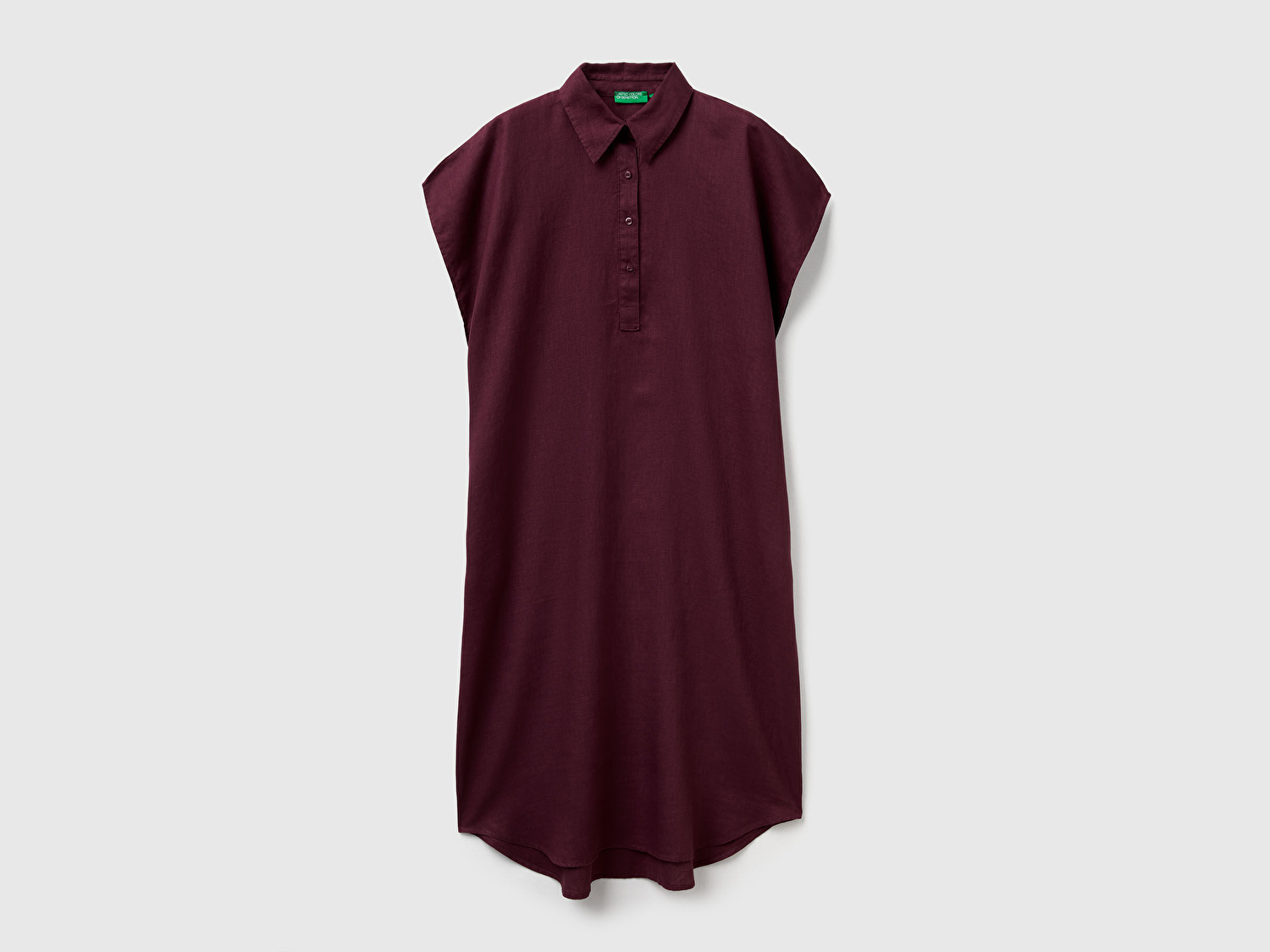 Benetton Kadın Mürdüm %100 Keten Önü Düğmeli Gömlek Yaka Kısa Kollu  Maxi Elbise