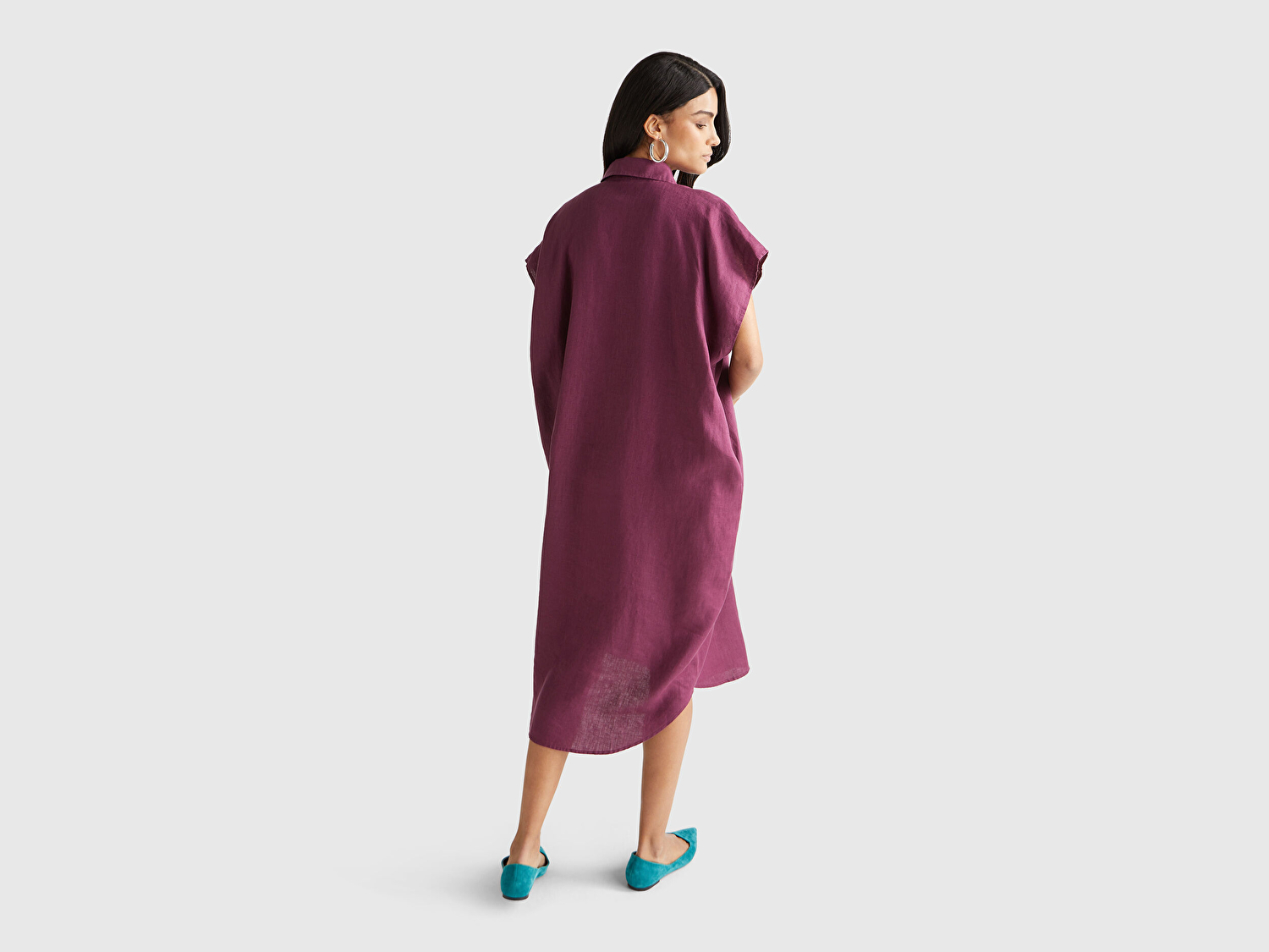 Benetton Kadın Mürdüm %100 Keten Önü Düğmeli Gömlek Yaka Kısa Kollu  Maxi Elbise