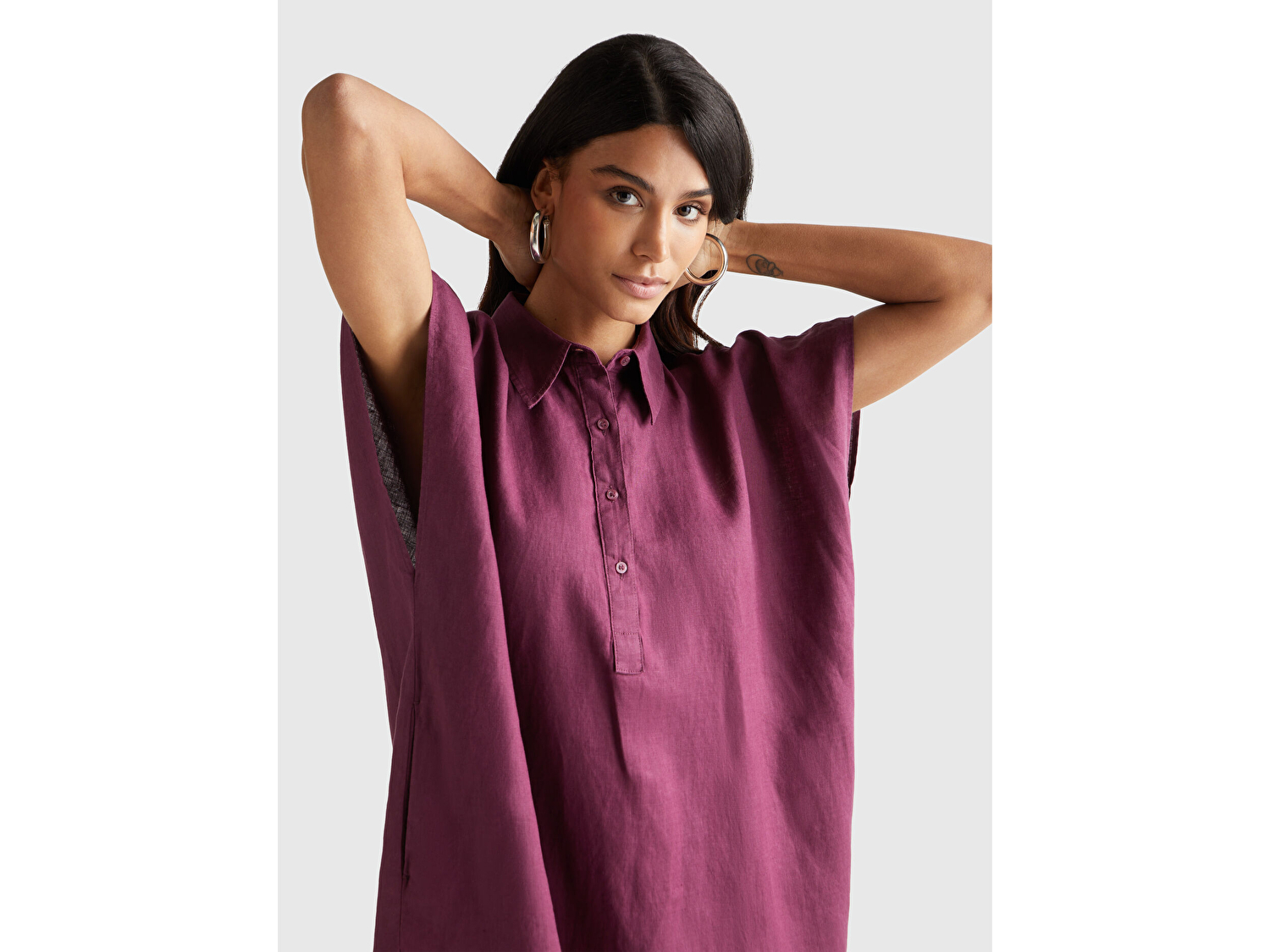 Benetton Kadın Mürdüm %100 Keten Önü Düğmeli Gömlek Yaka Kısa Kollu  Maxi Elbise