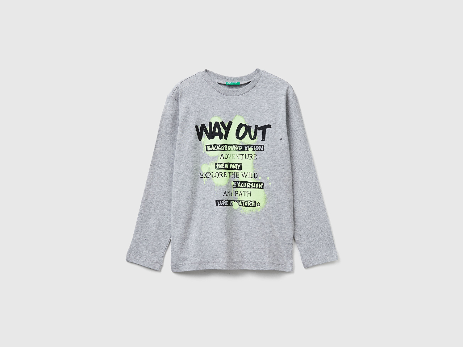 Benetton Erkek Çocuk Gri Melanj Önü Baskılı Bisiklet Yaka Uzun Kollu T-shirt
