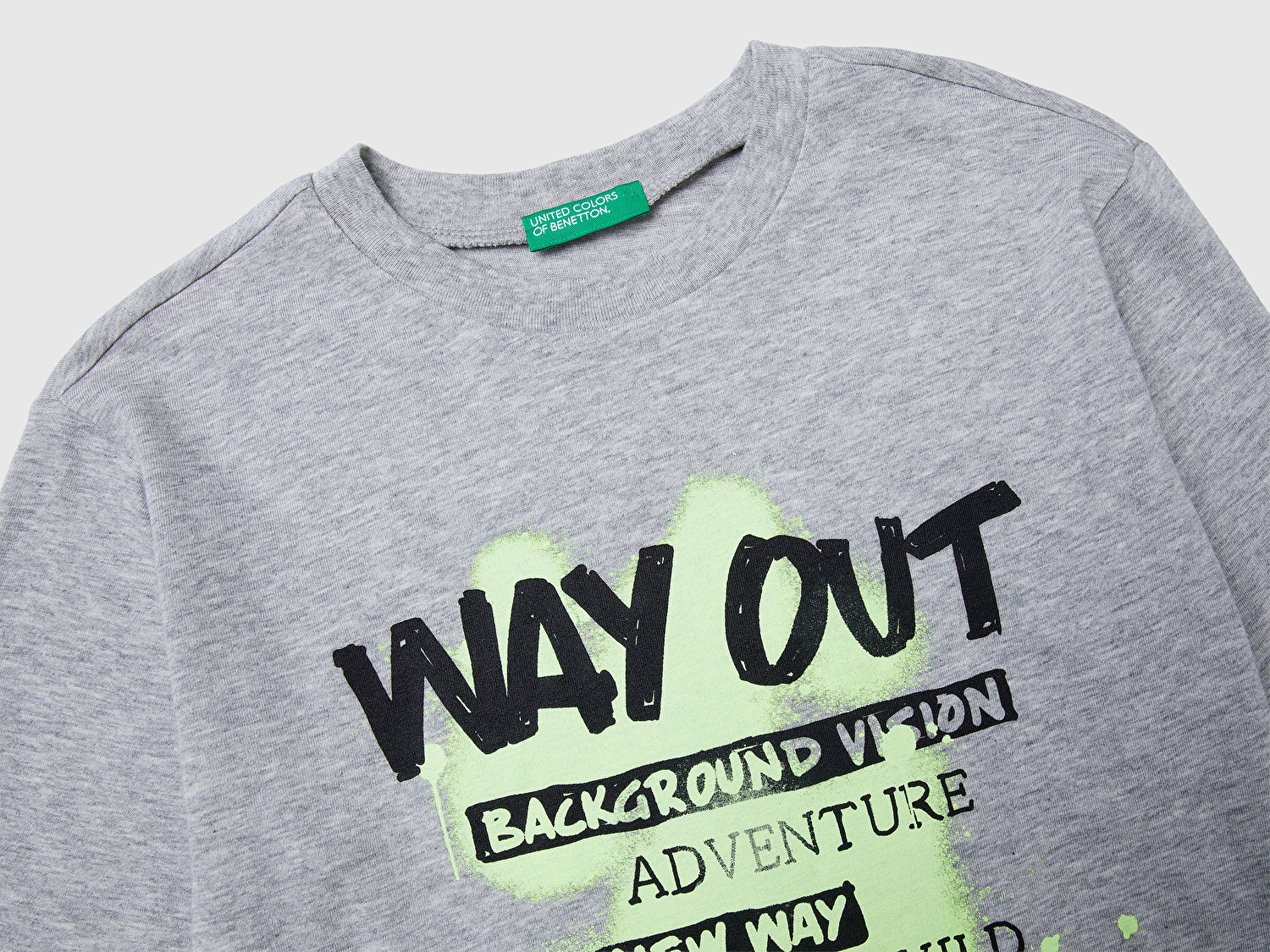 Benetton Erkek Çocuk Gri Melanj Önü Baskılı Bisiklet Yaka Uzun Kollu T-shirt