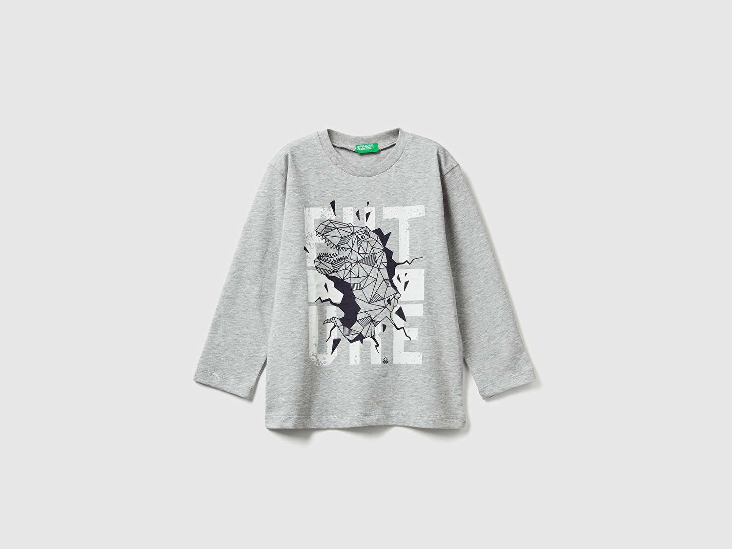 Benetton Erkek Bebek Gri Melanj Baskılı Relaxed Fit Jarse Uzun Kollu T-shirt