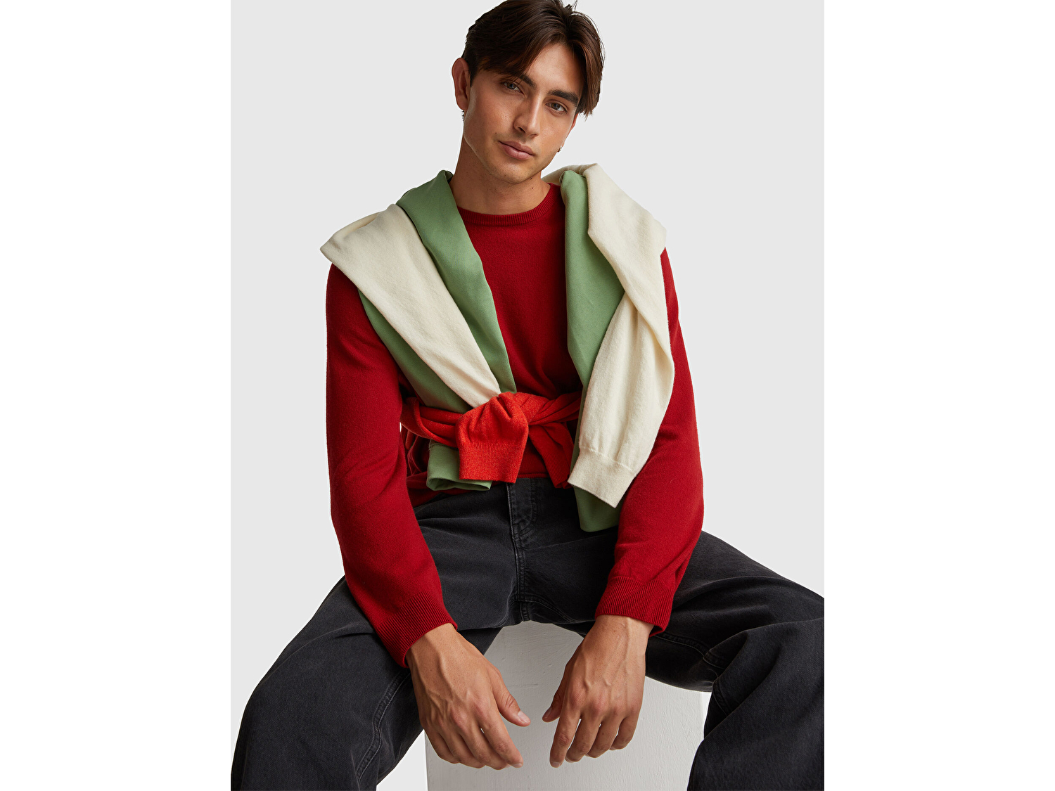 Benetton Erkek Bordo %100 Merino Bisiklet Yaka  Kazak