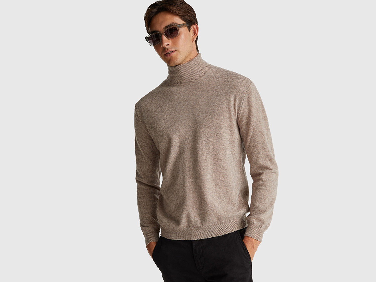 Benetton Erkek Bej Melanj %100 Merino Boğazlı  Kazak