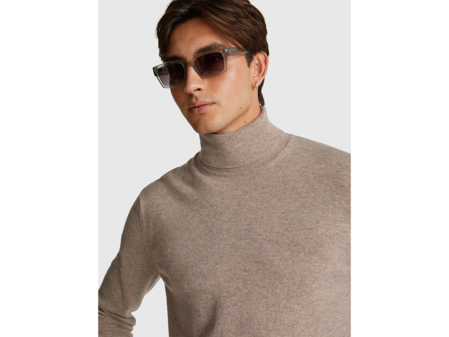 Benetton Erkek Bej Melanj %100 Merino Boğazlı  Kazak