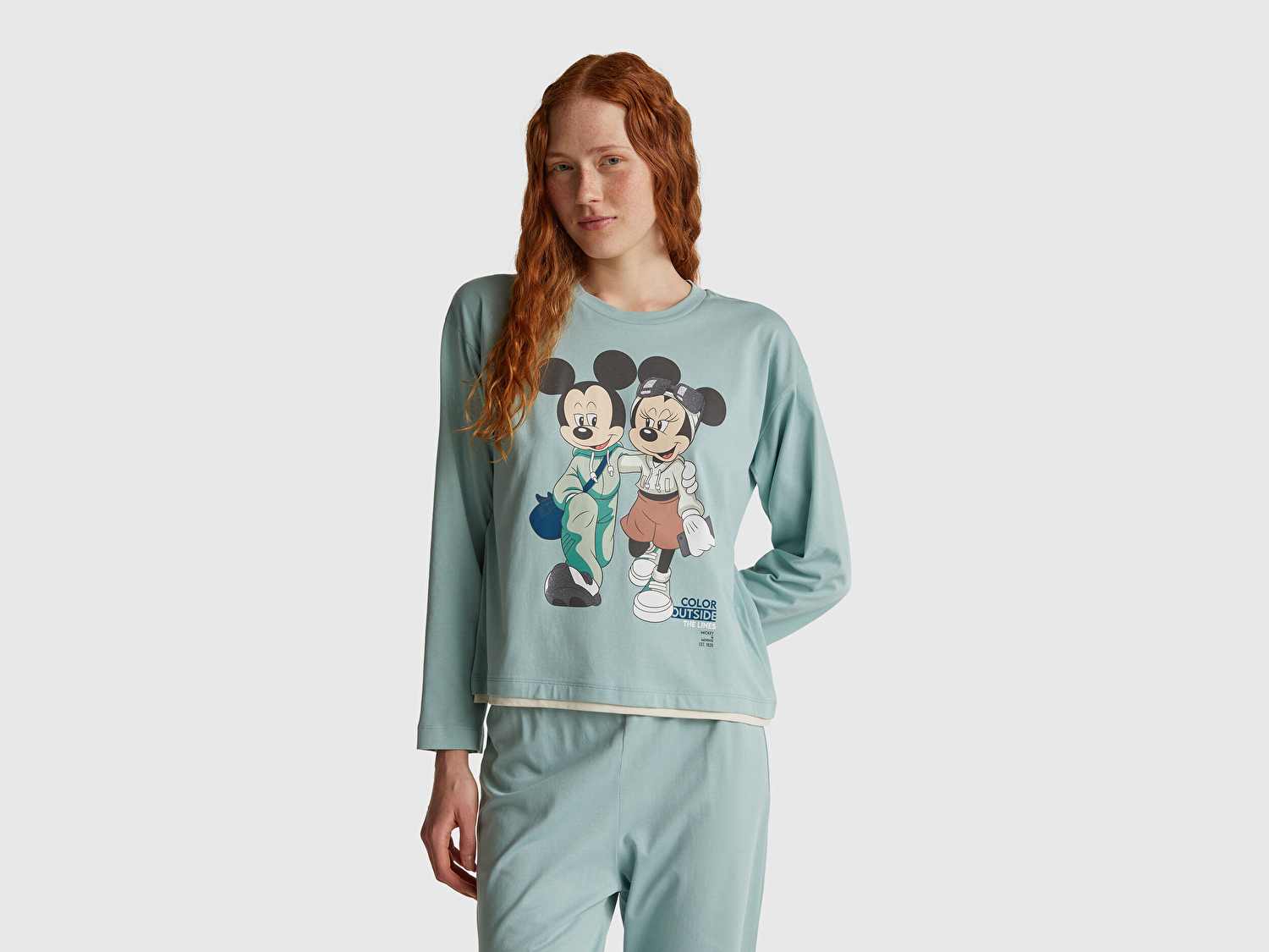 Benetton Kadın Açık Yeşil %100 Koton Mickey Baskılı Kısa Kollu Pijama Takımı