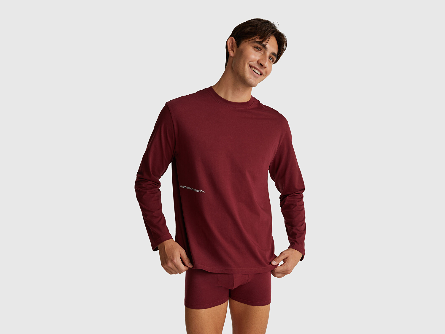 Benetton Erkek Bordo %100 Pamuk Logo Detaylı Pijama Üstü