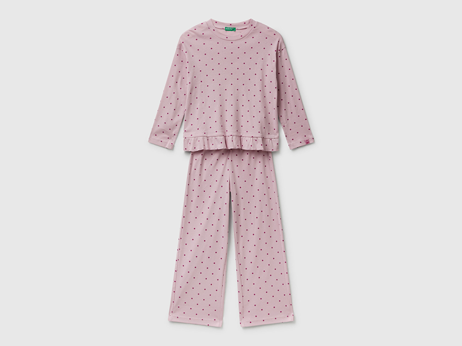 Benetton Kız Çocuk Soluk Pembe Desenli Fırfır Detaylı Pijama Takımı