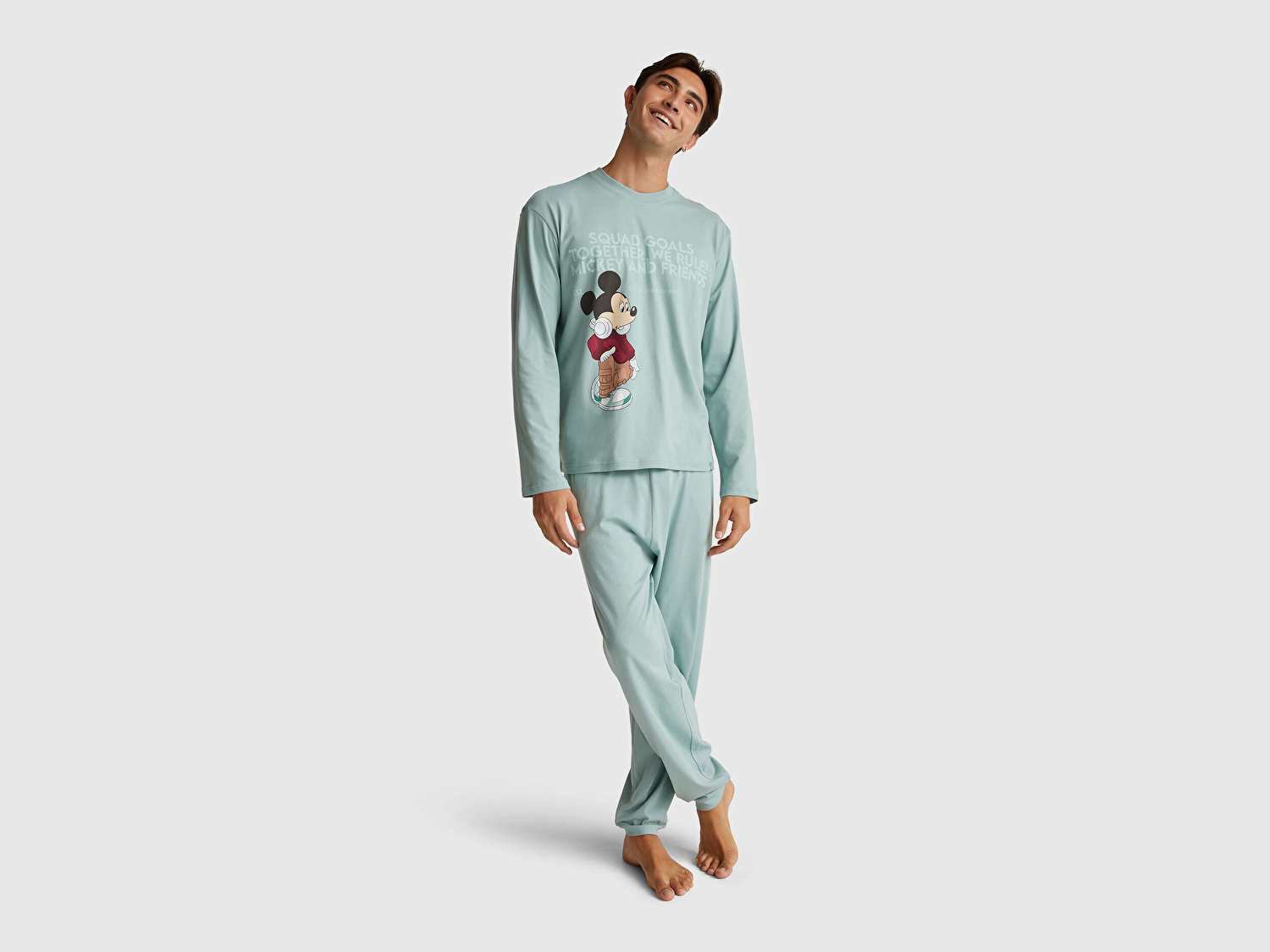 Benetton Erkek Açık Yeşil %100 Koton Disney Baskılı Uzun Kollu T-Shirt